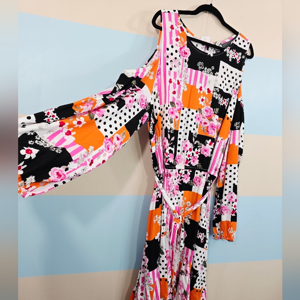 NWT Cato Multicolor Polka-dot Floral Patchwork Cold Shoulder Dress - Picture 5 of 10